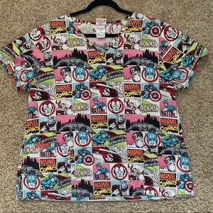 Marvel Comic Print V-neck Scrub Top